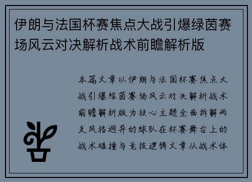 伊朗与法国杯赛焦点大战引爆绿茵赛场风云对决解析战术前瞻解析版